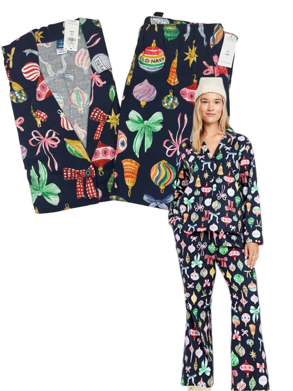 Old Navy Women's 2 Piece Christmas Ornaments Flannel Pajama Set Size L TALL